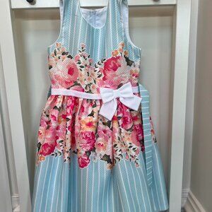 Bonnie Jean Girls’ Floral Fit & Flare Dress – Blue Stripe with White Tie